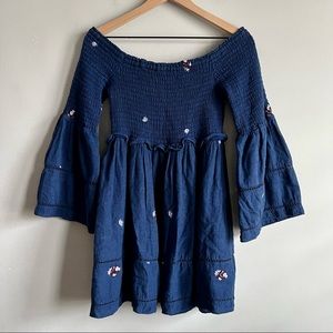 Free People Blue Embroidered Counting Daisies Off the Shoulder Mini Dress Size S